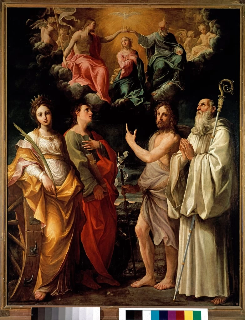  357-L'incoronazione della Vergine con quattro santi (Caterina d'Alessandria, Giovanni Evangelista, Giovanni Battista e Bernardo)-Pinacoteca Nazionale di Bologna 
